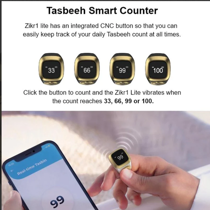 IQibla Zikr1 Lite Smart Tasbih Tally Counter Ring For Muslims Zikr Digital Tasbeeh 5 Prayer Time Reminder Bluetooth Waterproof