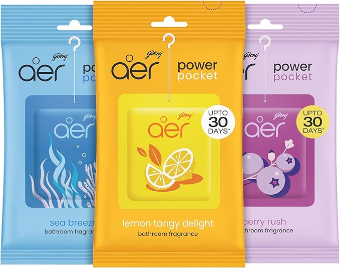 Godrej Aer Power Pocket | Air Freshener- Bathroom And Toilet | Lasts Up To 30 Days | Assorted Pack Of 3 (30G)