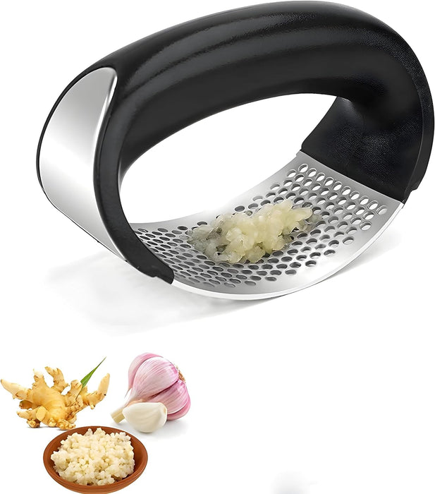 Garlic Press Stainless Steel with Garlic Peeler, Extract More Garlic Paste Per Tooth. Garlic Mincer Tool with Peeler, Equeeze, Estract, Crusher and Press the Garlic Easy and Fast. (Metal, Silver)