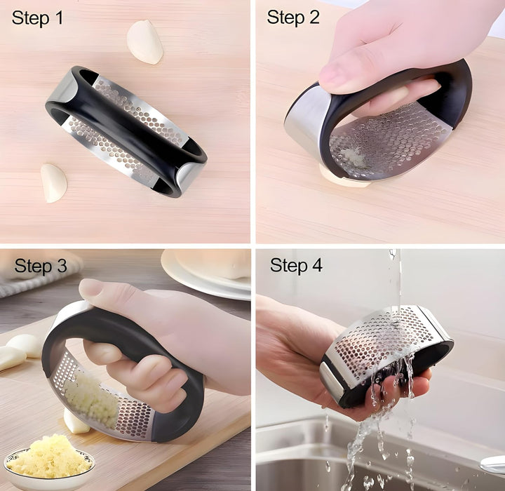 Garlic Press Stainless Steel with Garlic Peeler, Extract More Garlic Paste Per Tooth. Garlic Mincer Tool with Peeler, Equeeze, Estract, Crusher and Press the Garlic Easy and Fast. (Metal, Silver)