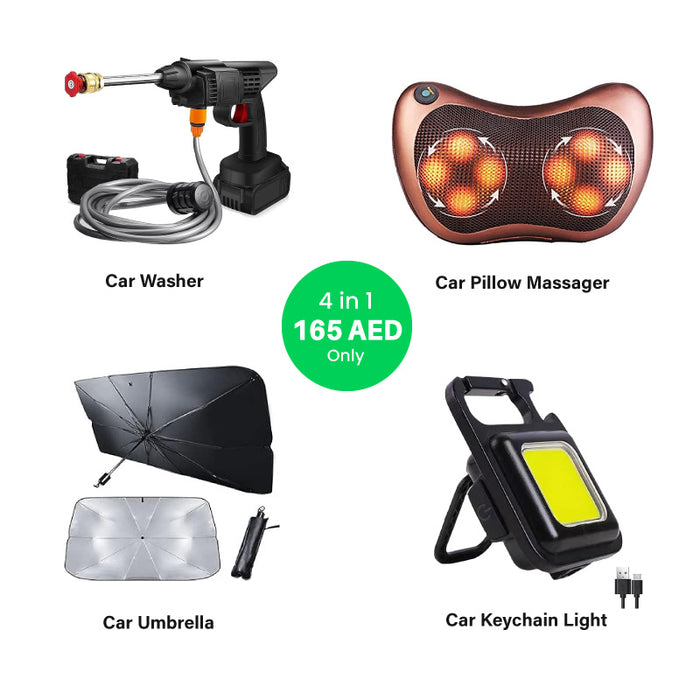 4 in 1 Deal includes Car Washer Gun , Car Umbrella , Car Keychain Flashlight  and Car Pillow Massager