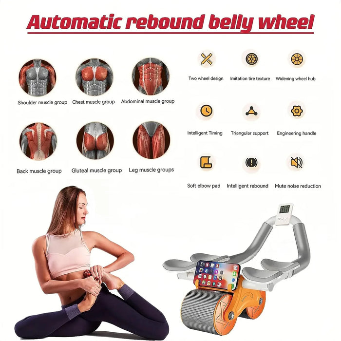 Automatic rebound abdominal Ab Wheel Roller| 4 elbow support , Knee Mat , Digital Timer & Mobile Bracket